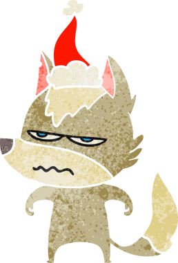 Bir insan tarafından çizilmiş Noel Baba şapkası giymiş rahatsız bir kurdun el çizimi karikatürü.