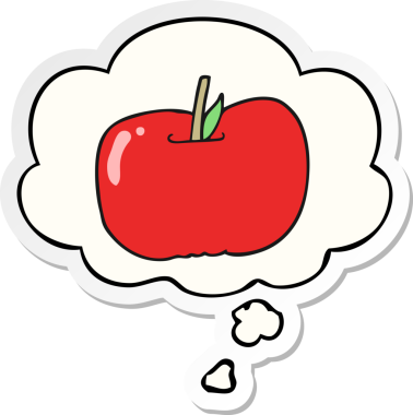 insan tarafından çizilmiş bir çıkartma olarak düşünce baloncuklu çizgi film elması.