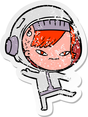 Bir insan tarafından çizilmiş karikatür astronot kadının sıkıntılı çıkartması.