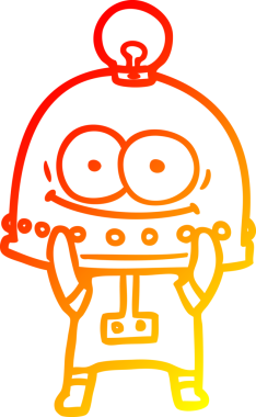 Bir insan tarafından çizilmiş ampullü mutlu bir robot çizimi.