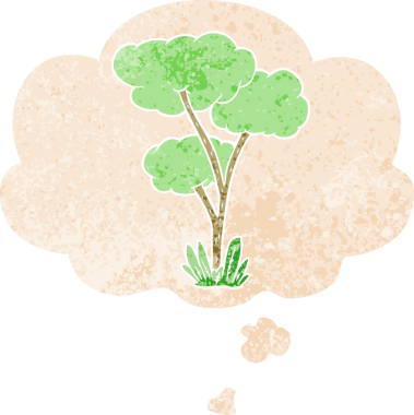 Düşünce baloncuğu ve grunge desenli karikatür ağacı bir insan tarafından çizilmiş.