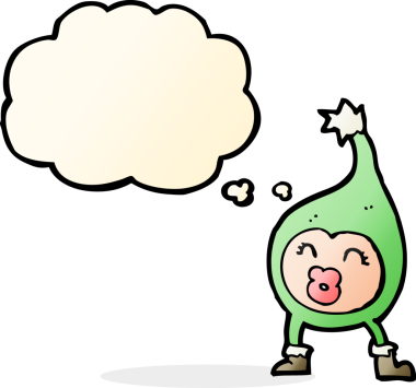 Bir insan tarafından çizilmiş düşünce baloncuğu olan komik bir Noel yaratığı.