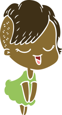 Bir insan tarafından çizilmiş mutlu düz renkli çizgi film kızı.