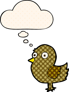 Çizgi roman tarzında düşünce baloncuğu olan çizgi film kuşu insan tarafından çizilmiş.