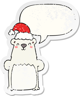 Karikatür ayısı Noel şapkası takıyor ve konuşma baloncuğu takıyor. Bir insan tarafından çizilmiş sıkıntılı eski bir çıkartma.