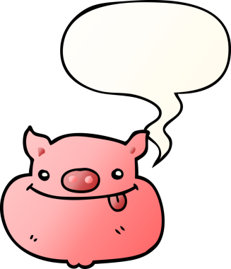 Bir insan tarafından çizilmiş yumuşak eğimli konuşma baloncuğu ile çizgi film mutlu domuz yüzü