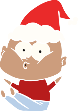 Bir insan tarafından çizilmiş Noel Baba şapkası giymiş kel bir adamın el çizimi düz bir çizim.