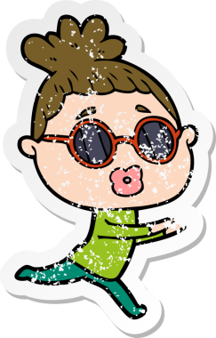 Bir insan tarafından çizilmiş güneş gözlüğü takan karikatürlü bir kadının sıkıntılı çıkartması.