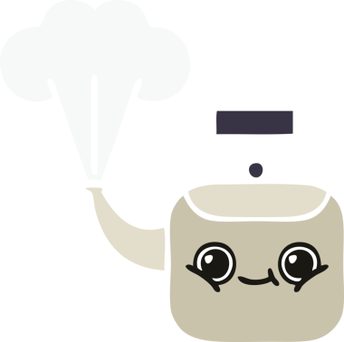 Bir insan tarafından çizilen dumanı tüten bir çaydanlığın düz renkli retro karikatürü