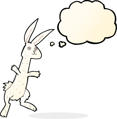 Bir insan tarafından çizilmiş düşünce kabarcığı olan çizgi film tavşanı.