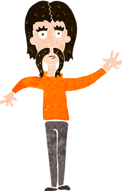 Bir insan tarafından çizilmiş bıyıklı bir çizgi film adamı.