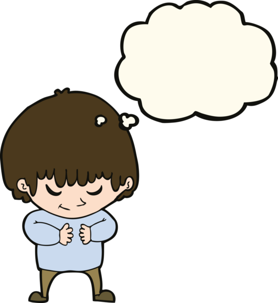 Bir insan tarafından çizilmiş düşünce kabarcığı olan utangaç bir çocuk.