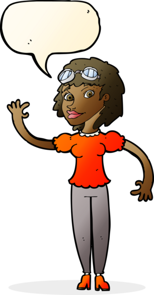 Çizgi film pilotu kadın bir insan tarafından çizilmiş konuşma balonuyla el sallıyor.