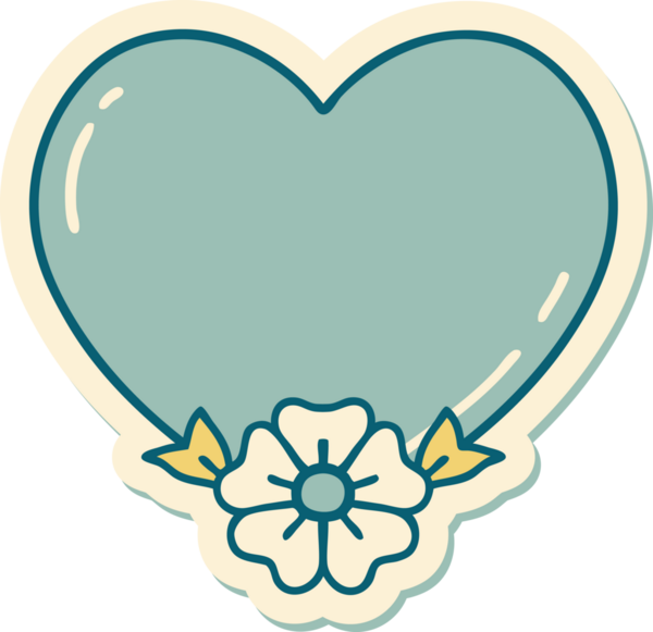 Bir insan tarafından çizilmiş geleneksel bir kalp ve çiçek stiliyle dövme çıkartması.