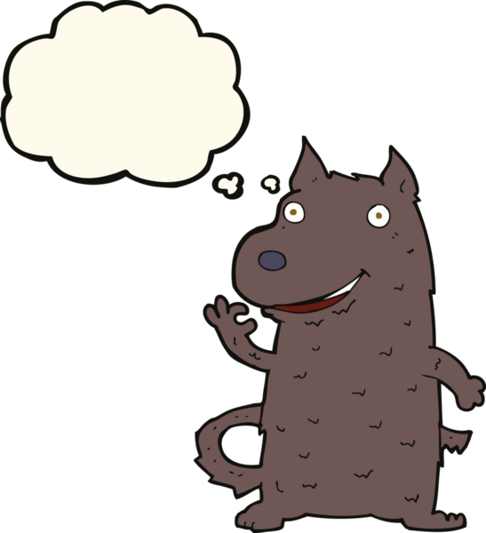 Bir insan tarafından çizilmiş düşünce balonlu mutlu bir köpek.