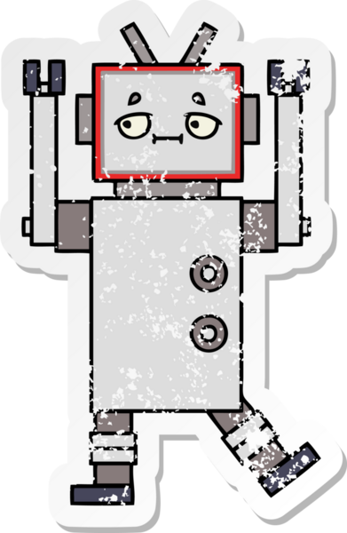 Bir insan tarafından çizilmiş sevimli bir robot çizgi film çıkartması.