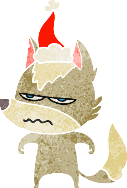 Bir insan tarafından çizilmiş Noel Baba şapkası giymiş rahatsız bir kurdun el çizimi karikatürü.