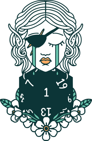 Retro Dövme Tarzı Ağlayan Elf düzenbaz karakter yüzü ve bir insan tarafından çizilmiş doğal bir D20 rulo