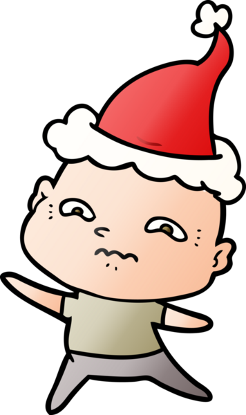 Bir insan tarafından çizilmiş Noel Baba şapkası giymiş gergin bir adamın el çizimi karikatürü.