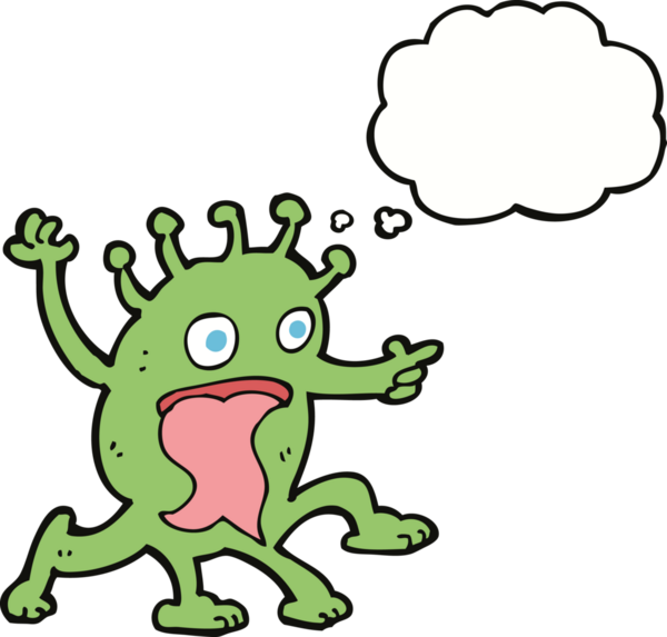 Bir insan tarafından çizilmiş düşünce baloncuğu olan garip bir uzaylı çizgi filmi.