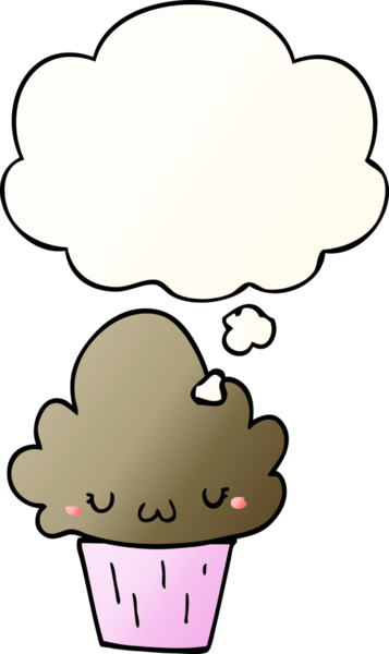 Yüzünde düşünce kabarcığı olan, bir insan tarafından çizilmiş karikatürlü kek.
