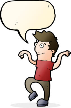 Çizgi filmdeki mutlu adam, bir insan tarafından çizilmiş konuşma balonuyla komik dans ediyor.