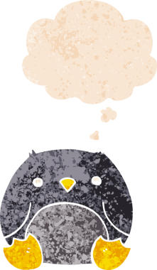 Düşünce baloncuğu olan karikatür pengueni bir insan tarafından çizilmiş dertli retro desenli.