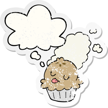 Düşünce baloncuğu olan şirin bir çizgi film pastası bir insan tarafından çizilmiş yıpranmış bir çıkartma gibi.