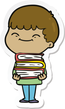 Bir insan tarafından çizilmiş kitapları olan mutlu bir çocuğun çıkartması.