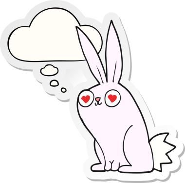 Düşünce balonuna aşık çizgi film tavşanı insan tarafından çizilmiş bir çıkartma gibi.