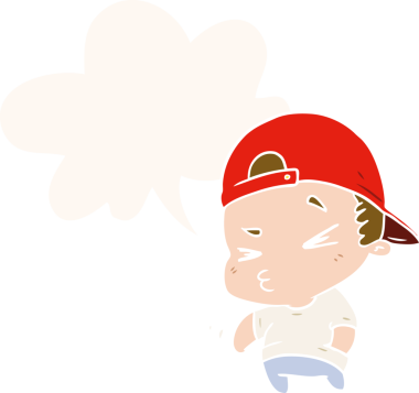 Bir insan tarafından çizilmiş eski moda konuşma balonu olan havalı bir çocuk.