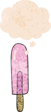 Düşünce baloncuğu ile çizgi film buz lolipopu grunge sıkıntılı retro dokuma tarzı bir insan tarafından çizilmiş