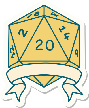 Bir insan tarafından çizilmiş 20 kritik vuruşluk D20 zar etiketi.