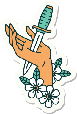 Bir insan tarafından çizilmiş eline geleneksel bir hançer stili dövme çıkartması.