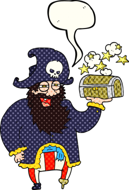 Bir insan tarafından çizilmiş hazine sandığı olan karikatür karikatür korsan kaptanı.