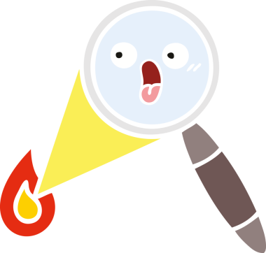 Bir insanın çizdiği büyüteçin düz renkli retro karikatürü