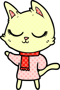 Bir insan tarafından çizilmiş eşarp takan sakin çizgi film kedisi.