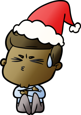 Bir insanın çizdiği Noel Baba şapkasıyla terleyen bir adamın el çizimi karikatürü.