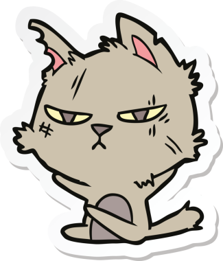 Bir insan tarafından çizilmiş sert bir çizgi film kedisinin çıkartması.