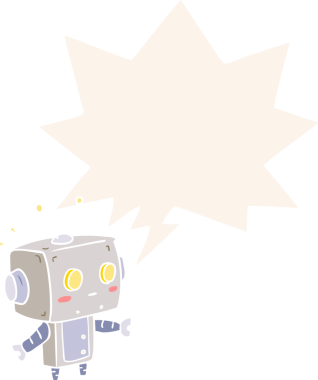 sevimli çizgi film şaşırmış robot konuşma baloncuğu ile retro tarzı bir insan tarafından çizilmiş