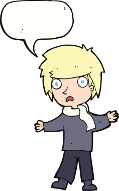 Bir insan tarafından çizilmiş konuşma balonu olan mutsuz bir çocuk.