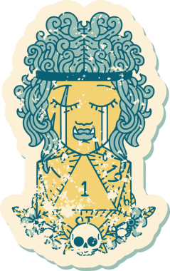 Retro Dövme Tarzı Hüzünlü Ork Barbar Karakter Yüzü Doğal bir D20 ruloyla Bir insan tarafından çizilmiş