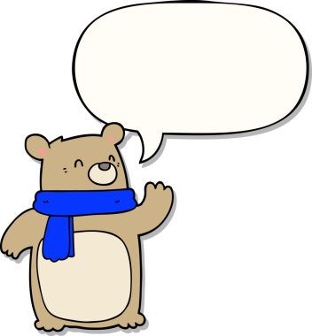 Bir insan tarafından çizilmiş balon etiketli bir eşarp takan çizgi film ayısı.