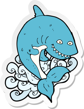 Bir insan tarafından çizilmiş karikatür köpekbalığı etiketi.