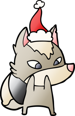 Utangaç el çizimi. Bir insan tarafından çizilmiş Noel Baba şapkası takan bir kurt çizimi.