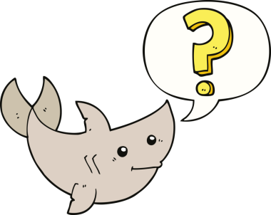 Bir insan tarafından çizilmiş konuşma baloncuğuyla soru soran çizgi film köpekbalığı.