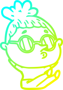 Bir insan tarafından çizilmiş güneş gözlüğü takan çizgi film kadını çizimi.