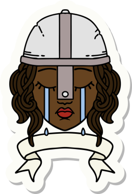 Ağlayan bir insan savaşçı karakterinin çıkartması. Bir insan tarafından çizilmiş pankartıyla.