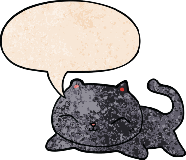 Konuşma baloncuğu olan çizgi film kedisi insan tarafından çizilmiş eski moda dokular.