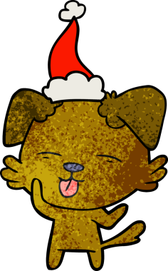 Bir insan tarafından çizilmiş Noel Baba şapkası giymiş bir köpeğin el çizimi karikatürü.